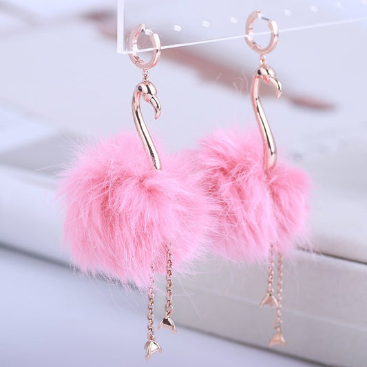 Fashion Fur Ball Realistic Flamingo Elegant Earrings-Jewearrings