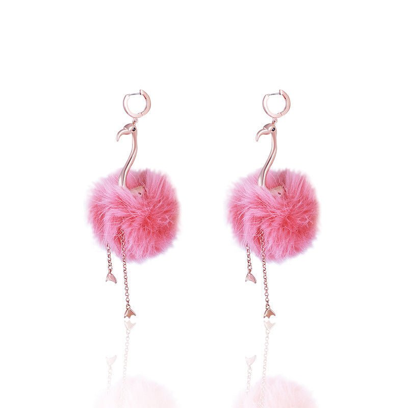 Fashion Fur Ball Realistic Flamingo Elegant Earrings-Jewearrings