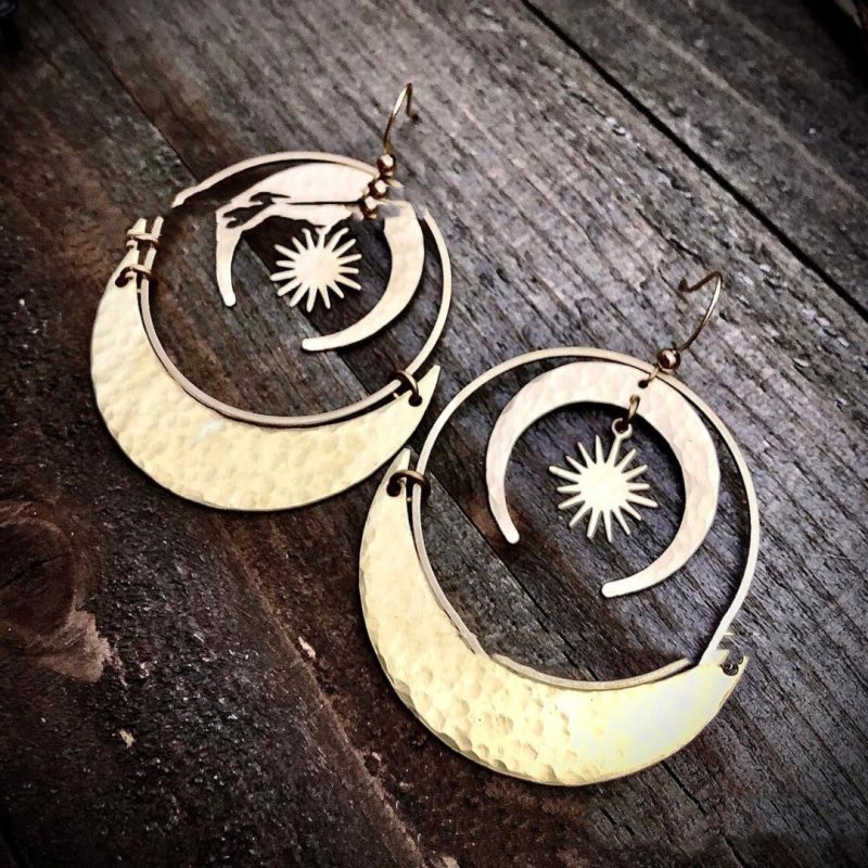 Fashion Gold Brass Sun Moon Pendant Earrings-Jewearrings