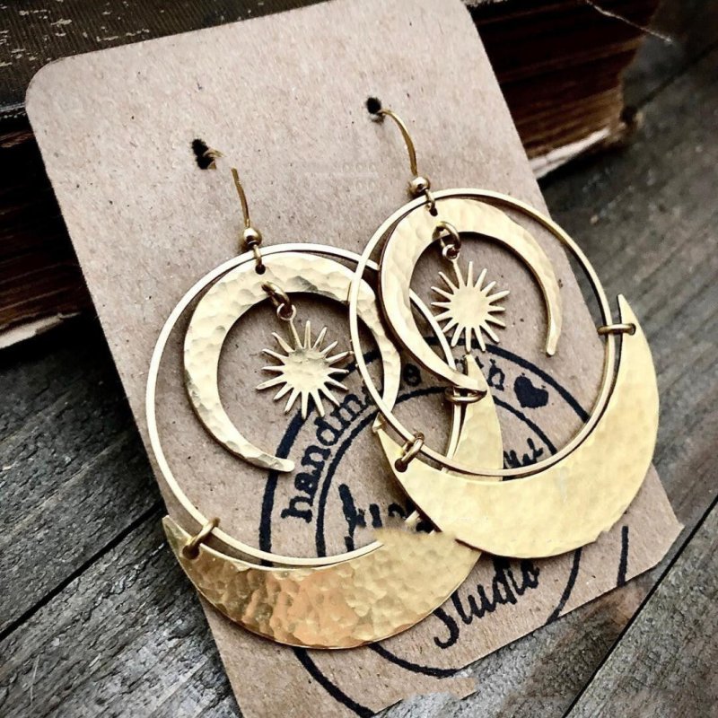 Fashion Gold Brass Sun Moon Pendant Earrings-Jewearrings