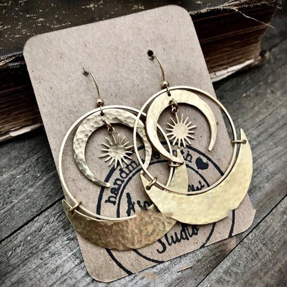 Fashion Gold Brass Sun Moon Pendant Earrings-Jewearrings