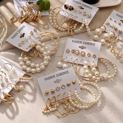 Fashion Gold Hoop Earrings Ladies Pearl Punk Set-Jewearrings