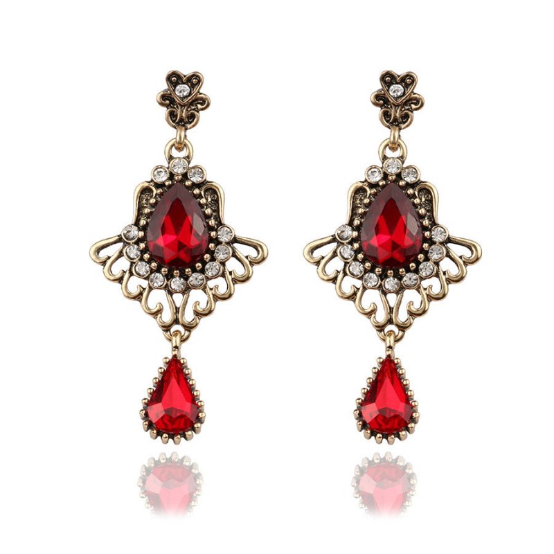 Fashion Hollowed-out Drop-shaped Ruby Glass Elegant Crystal Earrings-Jewearrings