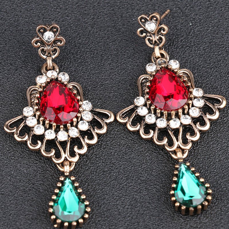 Fashion Hollowed-out Drop-shaped Ruby Glass Elegant Crystal Earrings-Jewearrings