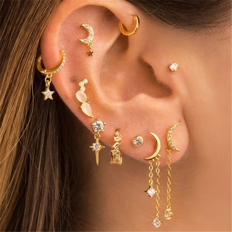 Fashion Ins Wind S925 Classic Cross Star Moon Tassel Diamond Earrings-Jewearrings