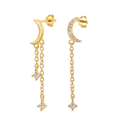 Fashion Ins Wind S925 Classic Cross Star Moon Tassel Diamond Earrings-Jewearrings