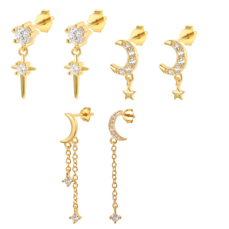 Fashion Ins Wind S925 Classic Cross Star Moon Tassel Diamond Earrings-Jewearrings