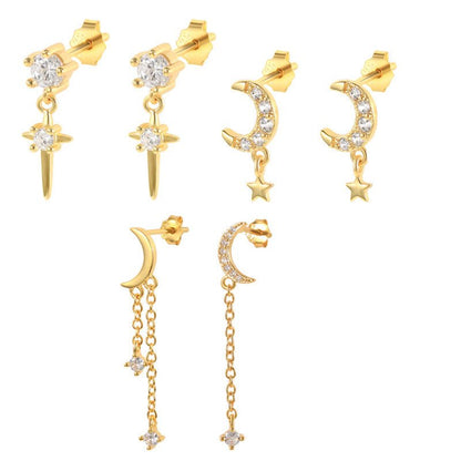 Fashion Ins Wind S925 Classic Cross Star Moon Tassel Diamond Earrings-Jewearrings