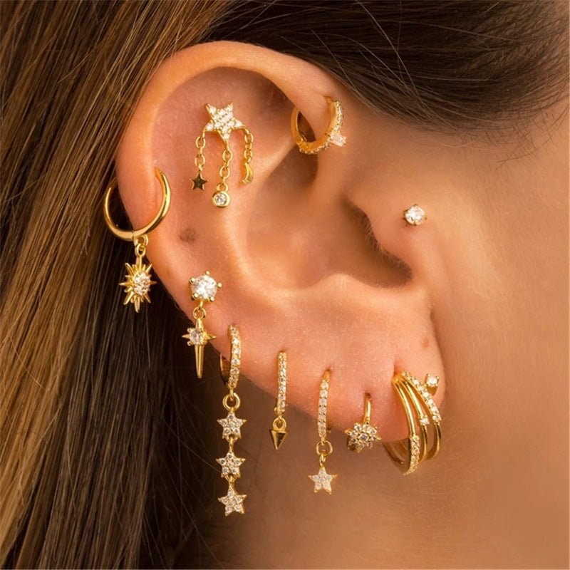 Fashion Ins Wind S925 Classic Cross Star Moon Tassel Diamond Earrings-Jewearrings