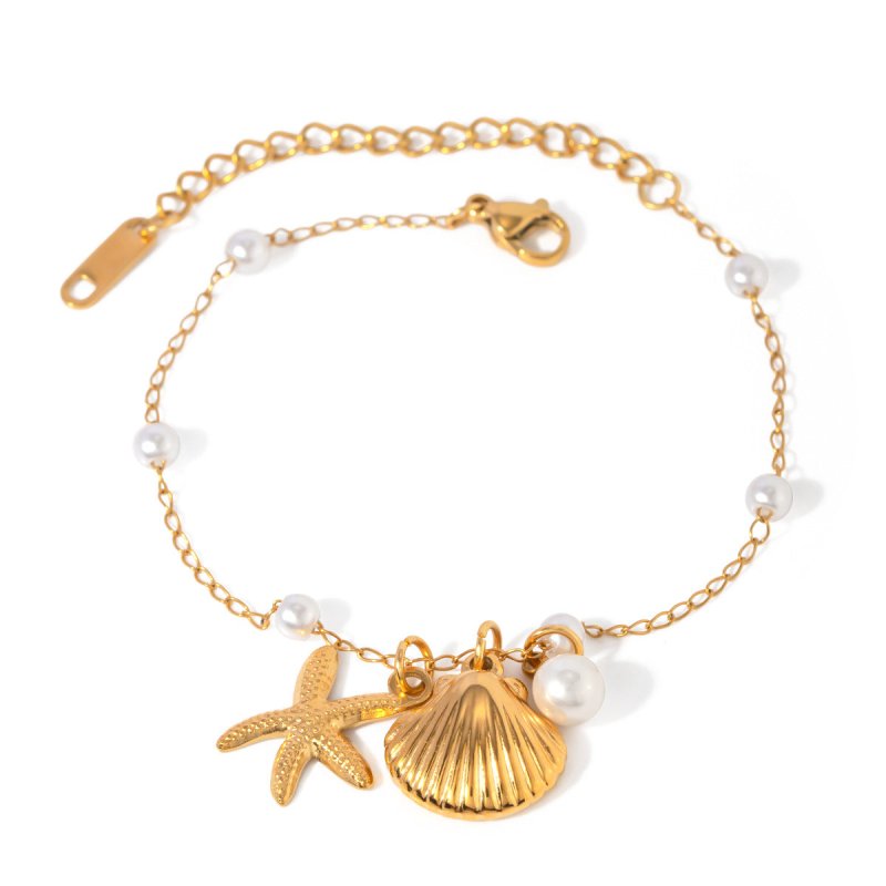 Fashion Jewelry 18K Gold Stainless Steel Pearl Chain Summer Holiday Shell Starfish Pendant Bracelet-Jewearrings