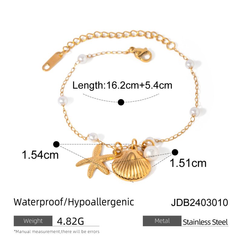 Fashion Jewelry 18K Gold Stainless Steel Pearl Chain Summer Holiday Shell Starfish Pendant Bracelet-Jewearrings