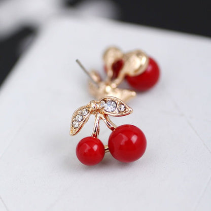 Fashion Jewelry All-match Diamond-studded Red Cherry Simple Temperament Earrings-Jewearrings