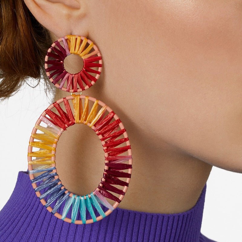 Fashion Jewelry Bijoux Rainbow Colorful Raffia Earring Big Oval Straw Statement Earrings for Summer-Jewearrings