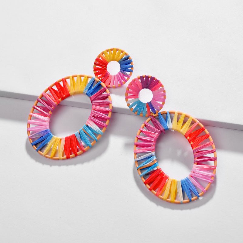 Fashion Jewelry Bijoux Rainbow Colorful Raffia Earring Big Oval Straw Statement Earrings for Summer-Jewearrings