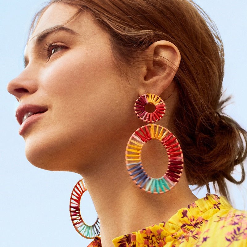 Fashion Jewelry Bijoux Rainbow Colorful Raffia Earring Big Oval Straw Statement Earrings for Summer-Jewearrings