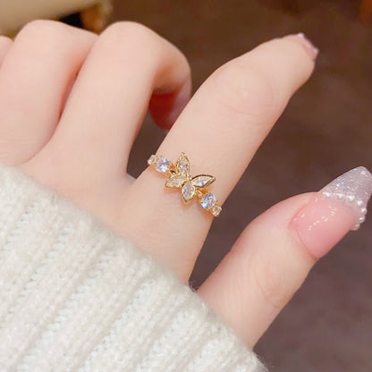 Fashion Jewelry New Style Gold Plated Beautiful Sweet Diamond Inlaid Butterfly Ring Women'S Luxury Temperament Elegant Ring Party Jewelry-Jewearrings