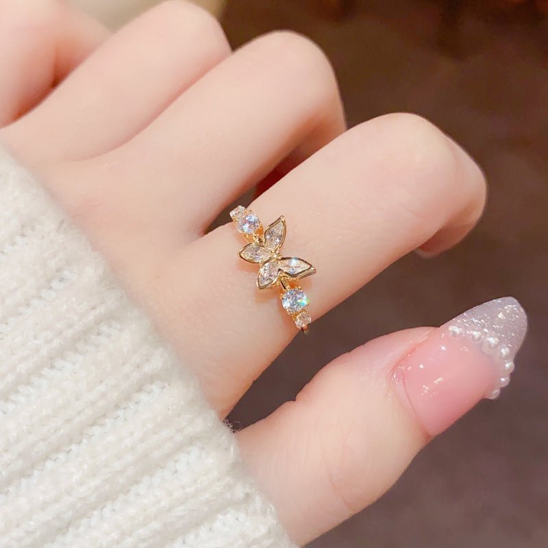 Fashion Jewelry New Style Gold Plated Beautiful Sweet Diamond Inlaid Butterfly Ring Women'S Luxury Temperament Elegant Ring Party Jewelry-Jewearrings