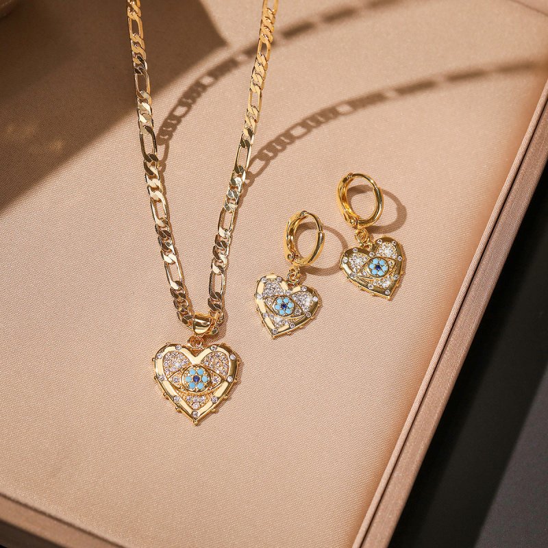 Fashion Jewelry Personality Copper Plated Real Gold Heart-shaped Zircon Pendant Necklace And Earrings Suite-Jewearrings