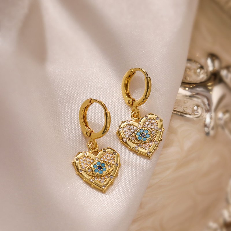 Fashion Jewelry Personality Copper Plated Real Gold Heart-shaped Zircon Pendant Necklace And Earrings Suite-Jewearrings