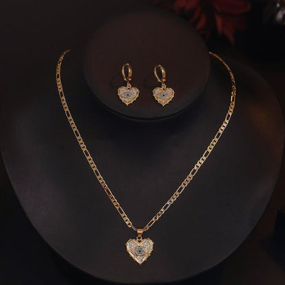 Fashion Jewelry Personality Copper Plated Real Gold Heart-shaped Zircon Pendant Necklace And Earrings Suite-Jewearrings