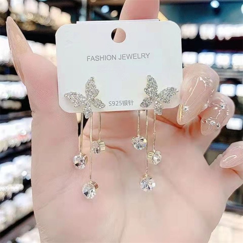 Fashion Jewelry Shiny Butterfly Rhinestone Drop Dangle Earrings Women Elegant Long Pearl Tassel Chain Pendant Party Jewelry-Jewearrings