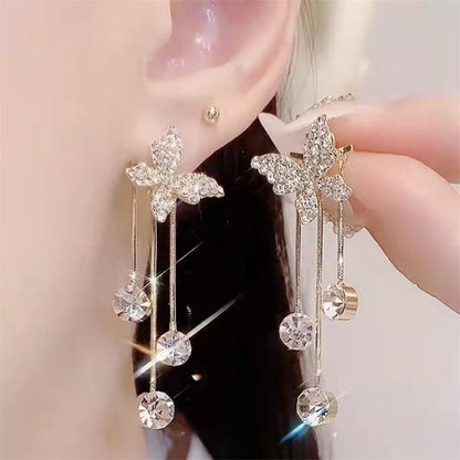 Fashion Jewelry Shiny Butterfly Rhinestone Drop Dangle Earrings Women Elegant Long Pearl Tassel Chain Pendant Party Jewelry-Jewearrings