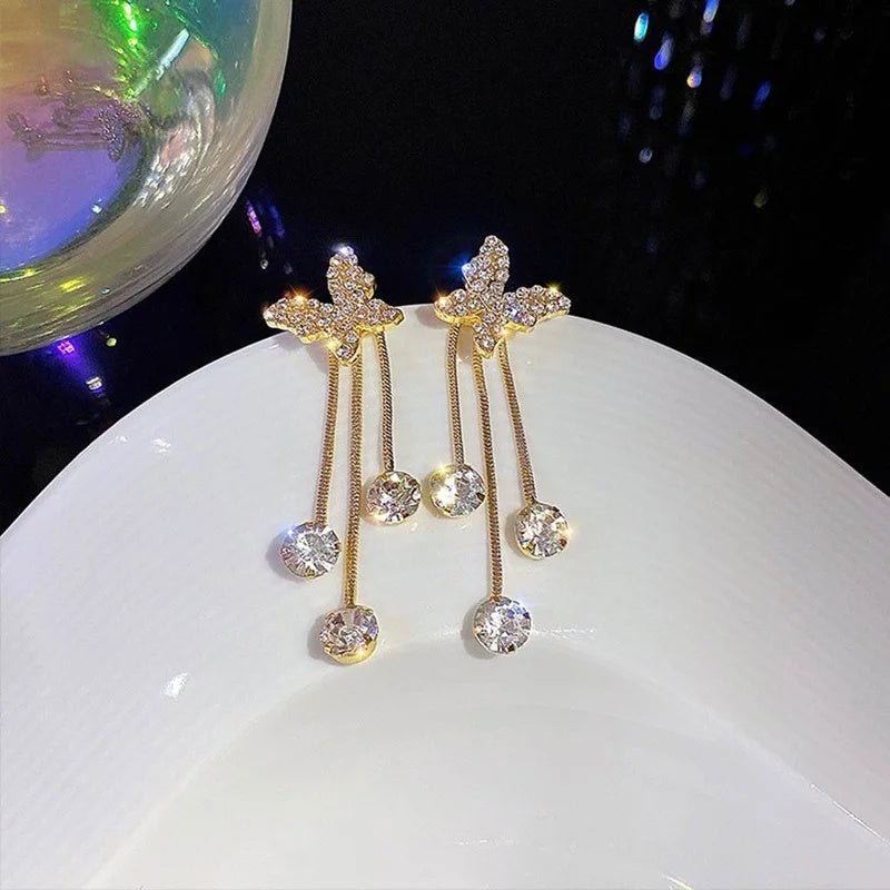 Fashion Jewelry Shiny Butterfly Rhinestone Drop Dangle Earrings Women Elegant Long Pearl Tassel Chain Pendant Party Jewelry-Jewearrings