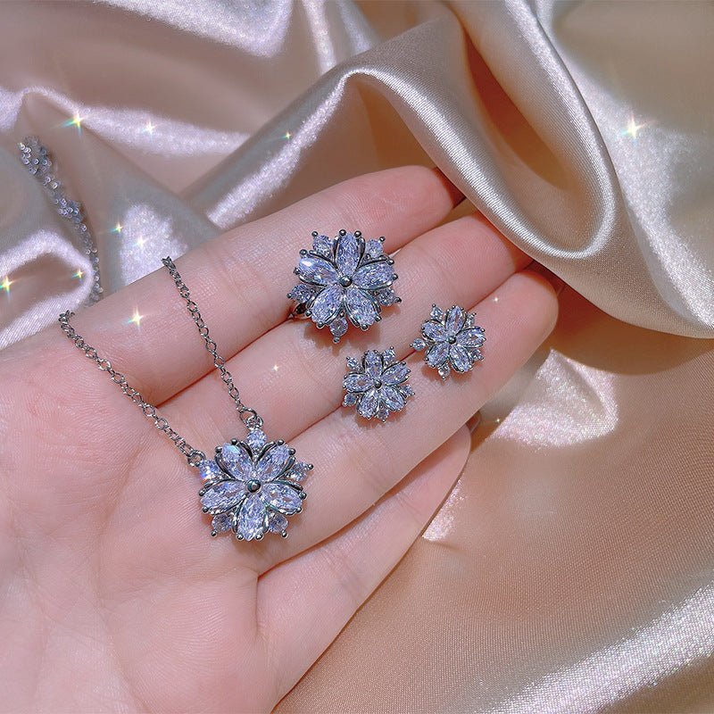 Fashion Jewelry Zircon Women Necklace Ring Double Layers Flower Cubic Zirconia Jewelry Shiny Simple All Match Stud Earrings Ring Necklace For Wedding-Jewearrings