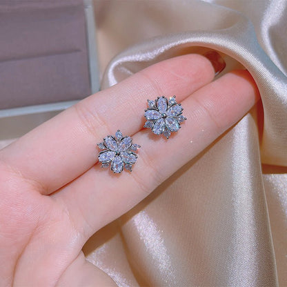 Fashion Jewelry Zircon Women Necklace Ring Double Layers Flower Cubic Zirconia Jewelry Shiny Simple All Match Stud Earrings Ring Necklace For Wedding-Jewearrings