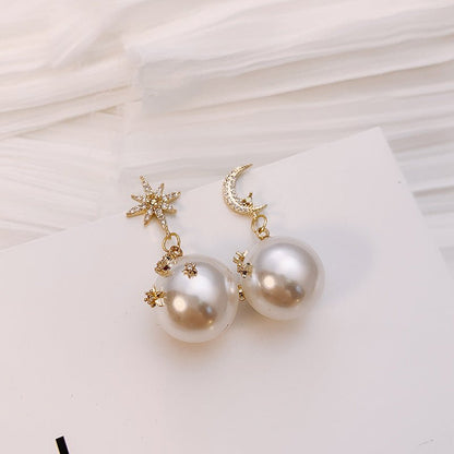 Fashion Pearl Asymmetric Star Moon Design Dangle Earrings Contracted Exquisite Crystal-Jewearrings