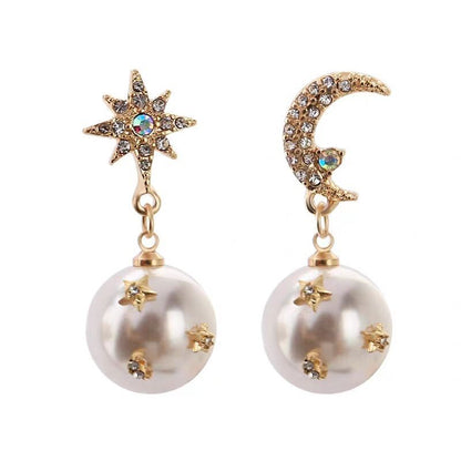 Fashion Pearl Asymmetric Star Moon Design Dangle Earrings Contracted Exquisite Crystal-Jewearrings