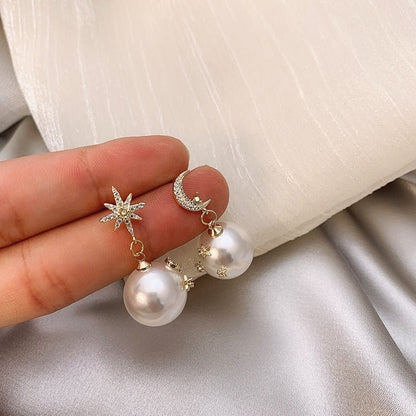 Fashion Pearl Asymmetric Star Moon Design Dangle Earrings Contracted Exquisite Crystal-Jewearrings