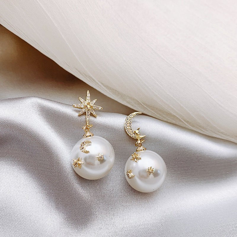 Fashion Pearl Asymmetric Star Moon Design Dangle Earrings Contracted Exquisite Crystal-Jewearrings