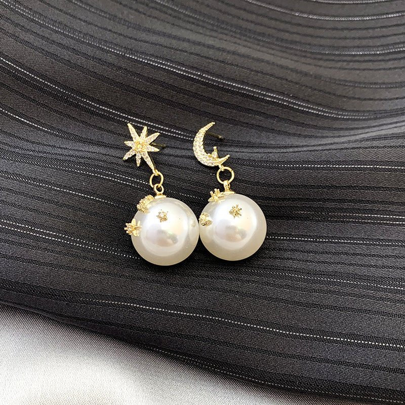 Fashion Pearl Asymmetric Star Moon Design Dangle Earrings Contracted Exquisite Crystal-Jewearrings