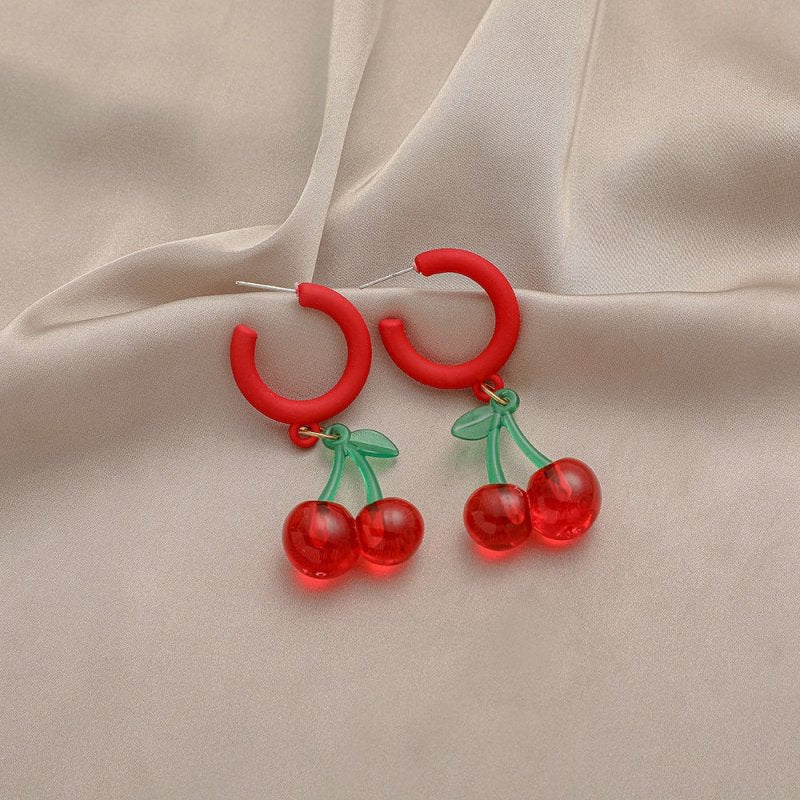 Fashion Personality Acrylic Letter C Shape Red Spray Paint Cherry Earrings-Jewearrings