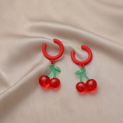 Fashion Personality Acrylic Letter C Shape Red Spray Paint Cherry Earrings-Jewearrings