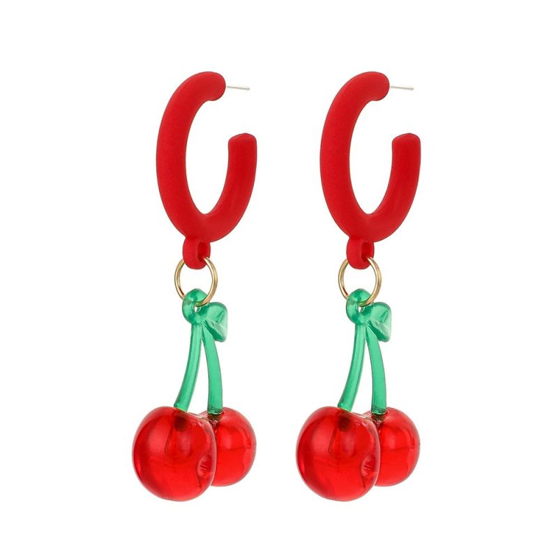 Fashion Personality Acrylic Letter C Shape Red Spray Paint Cherry Earrings-Jewearrings