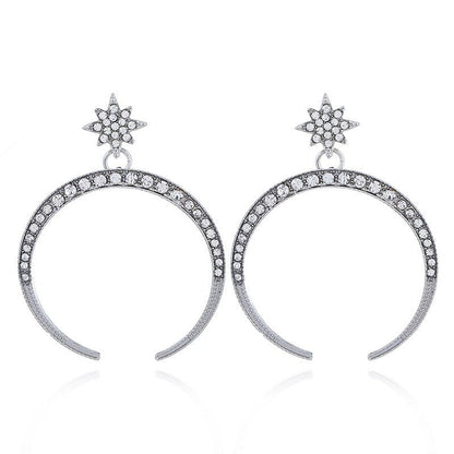 Fashion Personality Diamond Earrings With Big Moon And Stars Temperament-Jewearrings