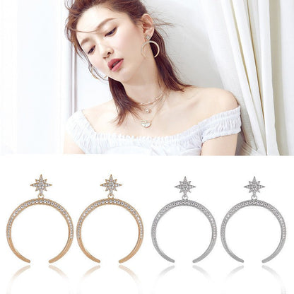 Fashion Personality Diamond Earrings With Big Moon And Stars Temperament-Jewearrings