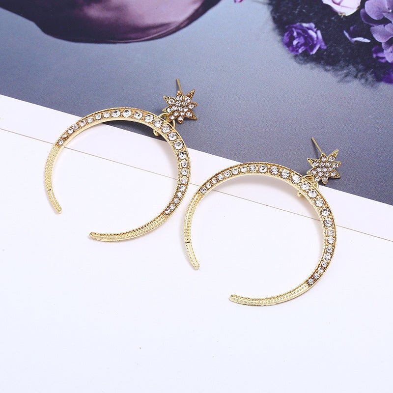 Fashion Personality Diamond Earrings With Big Moon And Stars Temperament-Jewearrings