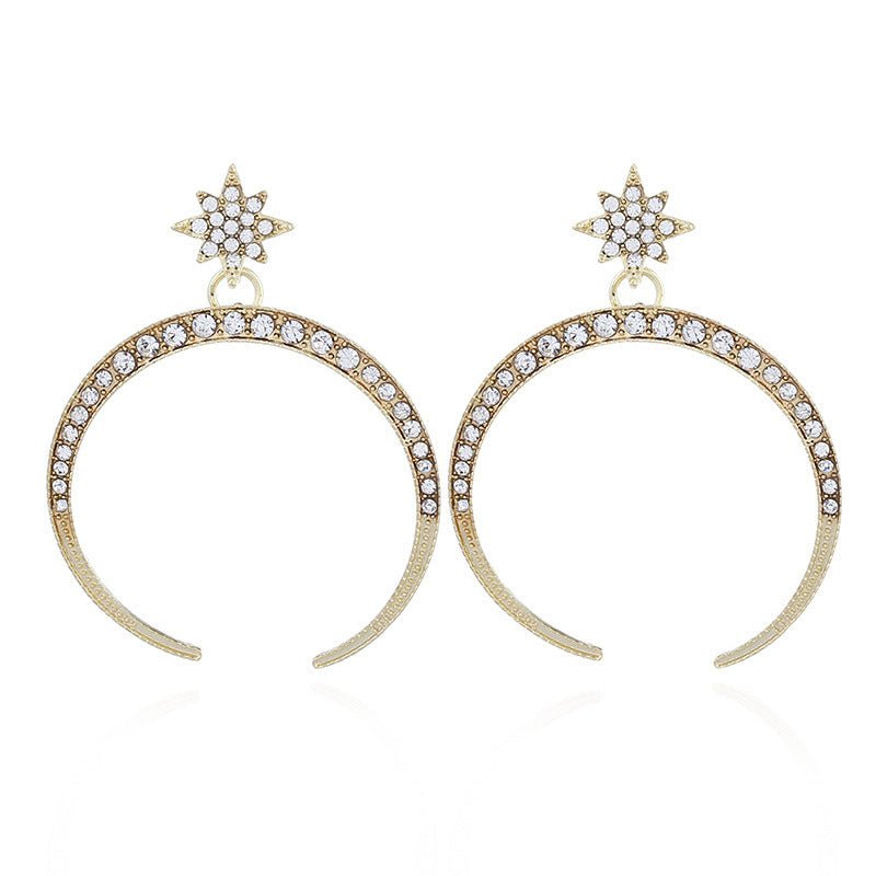 Fashion Personality Diamond Earrings With Big Moon And Stars Temperament-Jewearrings