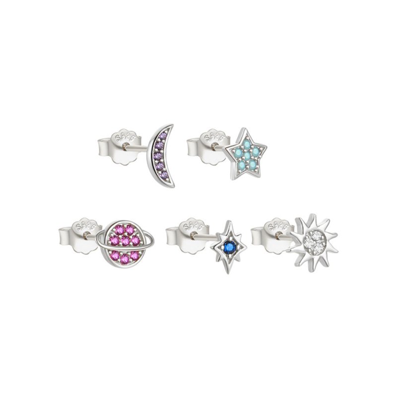 Fashion S925 Sterling Silver Star Moon Color Diamond Earrings 5-piece Set-Jewearrings