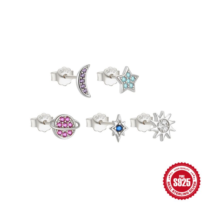 Fashion S925 Sterling Silver Star Moon Color Diamond Earrings 5-piece Set-Jewearrings