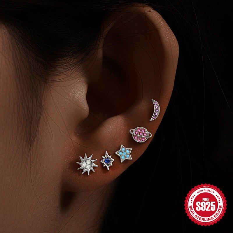 Fashion S925 Sterling Silver Star Moon Color Diamond Earrings 5-piece Set-Jewearrings