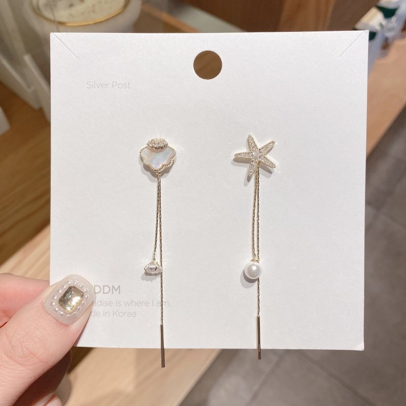 Fashion Shell Starfish Asymmetric Pearl Earrings-Jewearrings