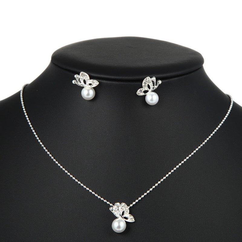 Fashion Simple Full Diamond Butterfly Pearl Earrings Necklace Set-Jewearrings