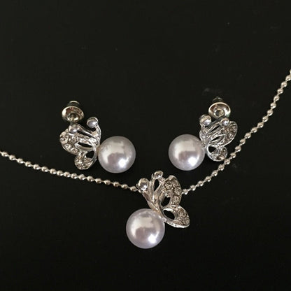 Fashion Simple Full Diamond Butterfly Pearl Earrings Necklace Set-Jewearrings