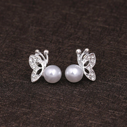 Fashion Simple Full Diamond Butterfly Pearl Earrings Necklace Set-Jewearrings