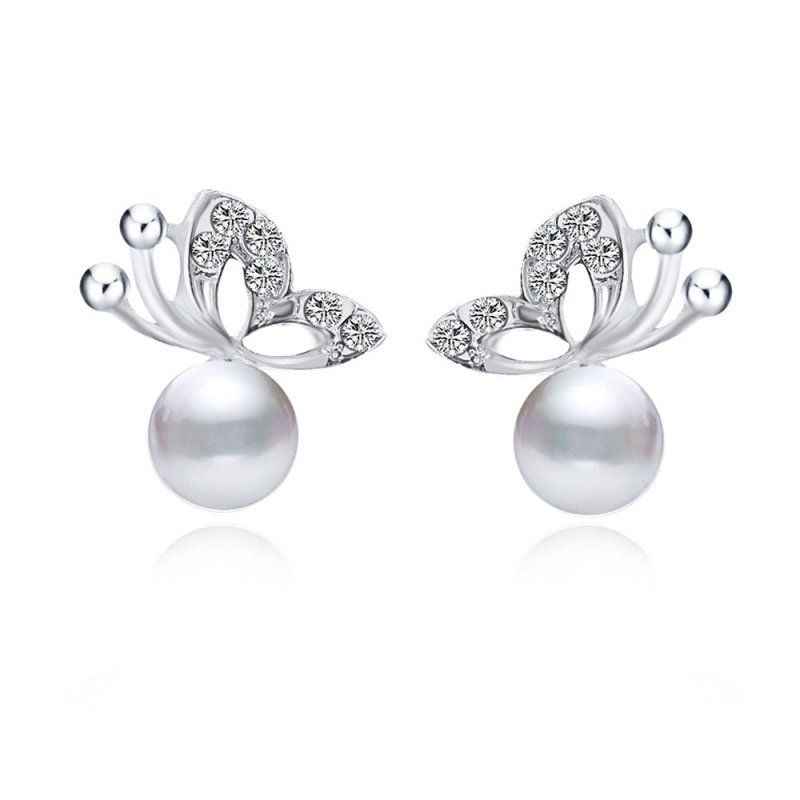 Fashion Simple Full Diamond Butterfly Pearl Earrings Necklace Set-Jewearrings