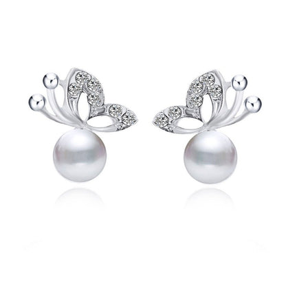 Fashion Simple Full Diamond Butterfly Pearl Earrings Necklace Set-Jewearrings